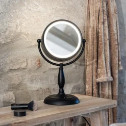 Ansigtsbordspejl med lys, sort, metal, højde 36 cm