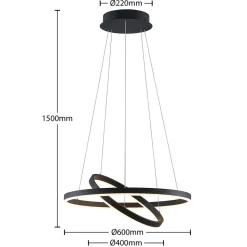 Arcchio LED-hængelampe Albiona, sort, 2 ringe, Ø 60 cm