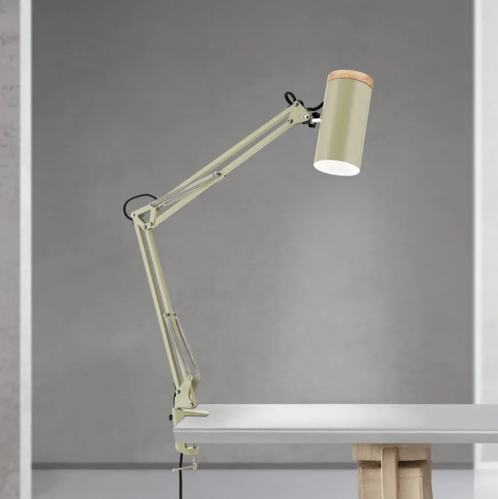 Bordlampe Gili, lysegrøn, klemme, stål, højde 75 cm, E27