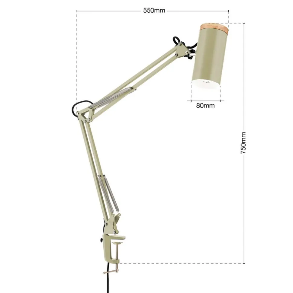 Bordlampe Gili, lysegrøn, klemme, stål, højde 75 cm, E27