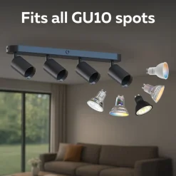 Calex GU10 loftspot, sort, længde 49 cm, 4 lyskilder, metal