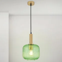Carneval pendellampe, antik messing/grøn, Ø 20 cm, glas