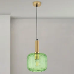 Carneval pendellampe, antik messing/grøn, Ø 20 cm, glas