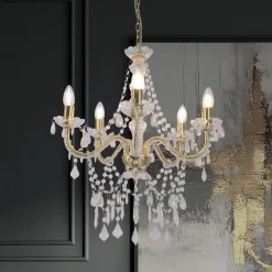 Cecilia lysekrone, guld, jern/akryl, Ø 52 cm, 5 lyskilder.
