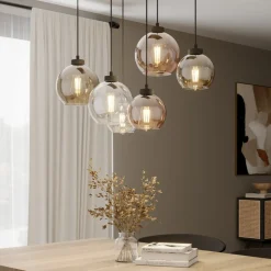 Cubus hængelampe, 74 cm, 6 lyskilder, klar/honning/brun, glas