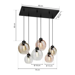 Cubus hængelampe, 74 cm, 6 lyskilder, klar/honning/brun, glas
