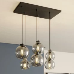 Cubus hængelampe, røggrå, glas, 74 cm lang, 6 lyskilder