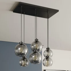 Cubus hængelampe, røggrå, glas, 74 cm lang, 6 lyskilder