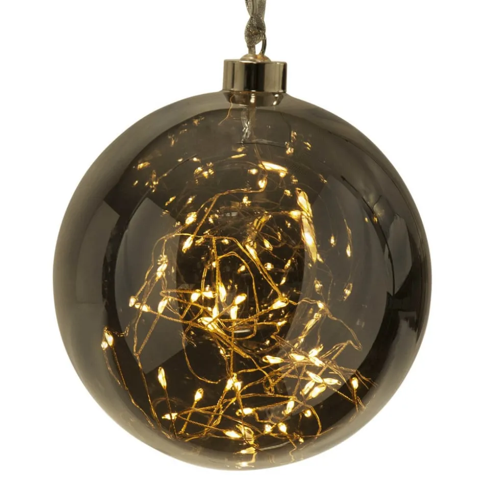 Glow LED-dekokugle af glas, Ø 15 cm, røggrå