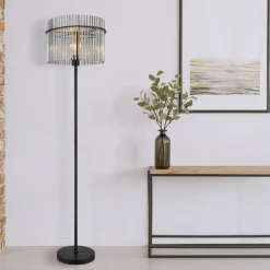 Gorley gulvlampe, højde 152 cm, røggrå, glas/metal