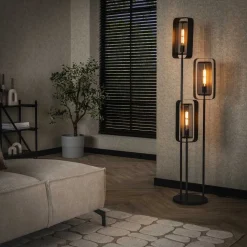 Gulvlampe Alma, 3 lyskilder, sort, metal, drejelig netskærm