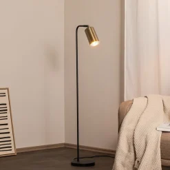Gulvlampe Emek 4081, sort, skærm i antik guld