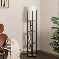 Gulvlampe Shelf, sort/kobber, stof, højde 130 cm, E27