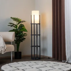 Gulvlampe 8111 sort, hylde, stofskærm hvid
