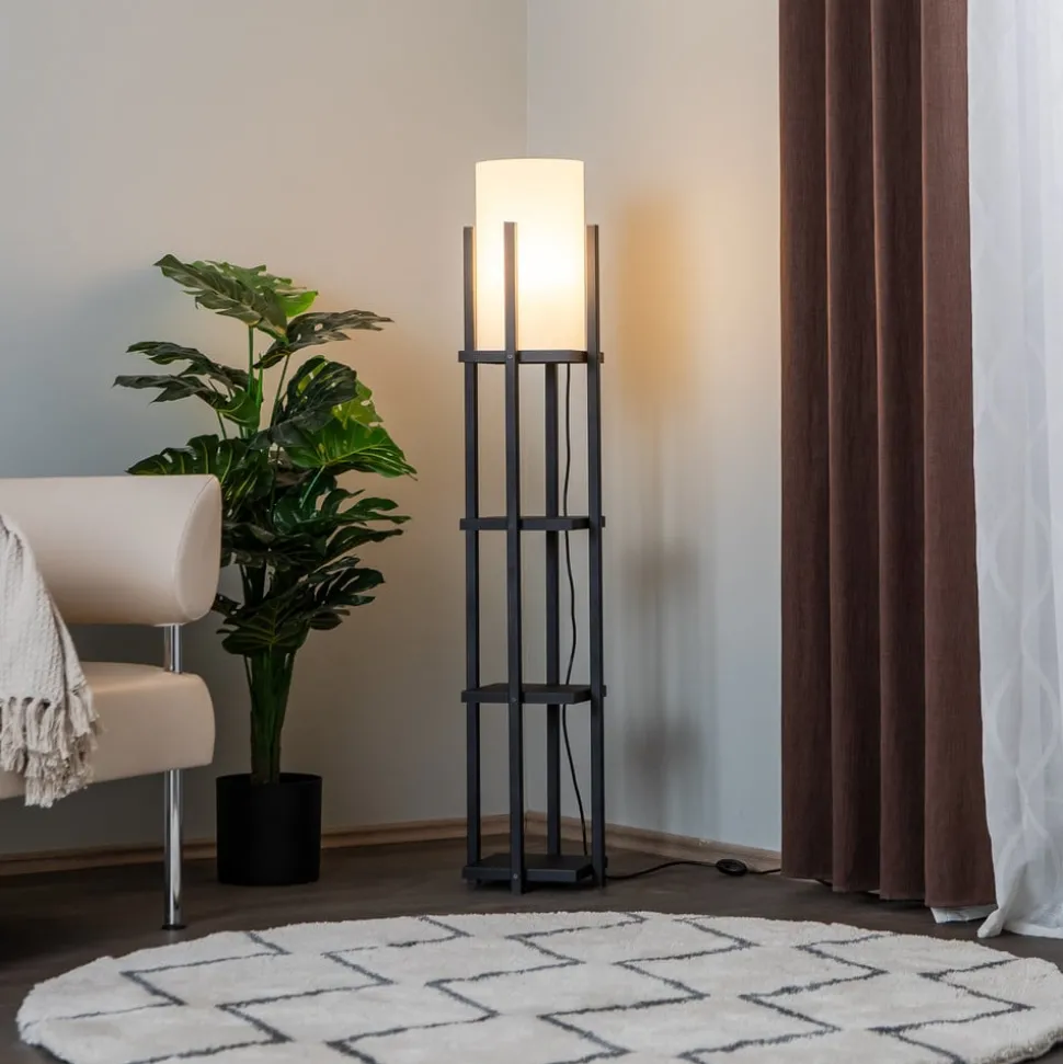 Gulvlampe 8111 sort, hylde, stofskærm hvid