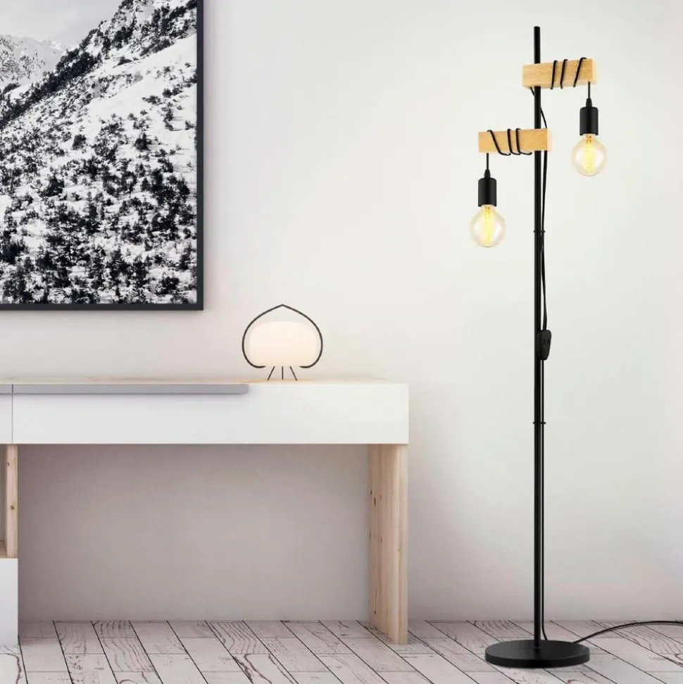 Gulvlampe Townshend 2 lyskilder sort/lyst træ