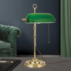 Harvard banklampe med trækafbryder, messing/grøn