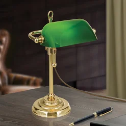 Harvard banklampe, messing/grøn, højde 32 cm