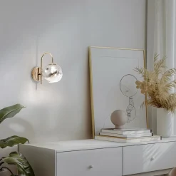 Herman væglampe, guldfarvet, højde 23 cm, glas, jern