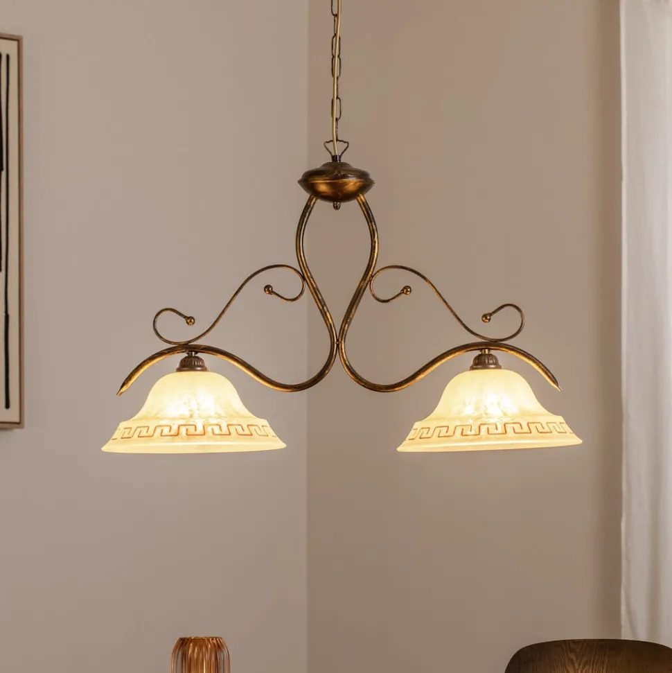 Hængelampe BILIARDO GIORGIO, creme/bronze, glas/jern 2 lyskilder.