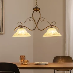 Hængelampe BILIARDO GIORGIO, creme/bronze, glas/jern 2 lyskilder.