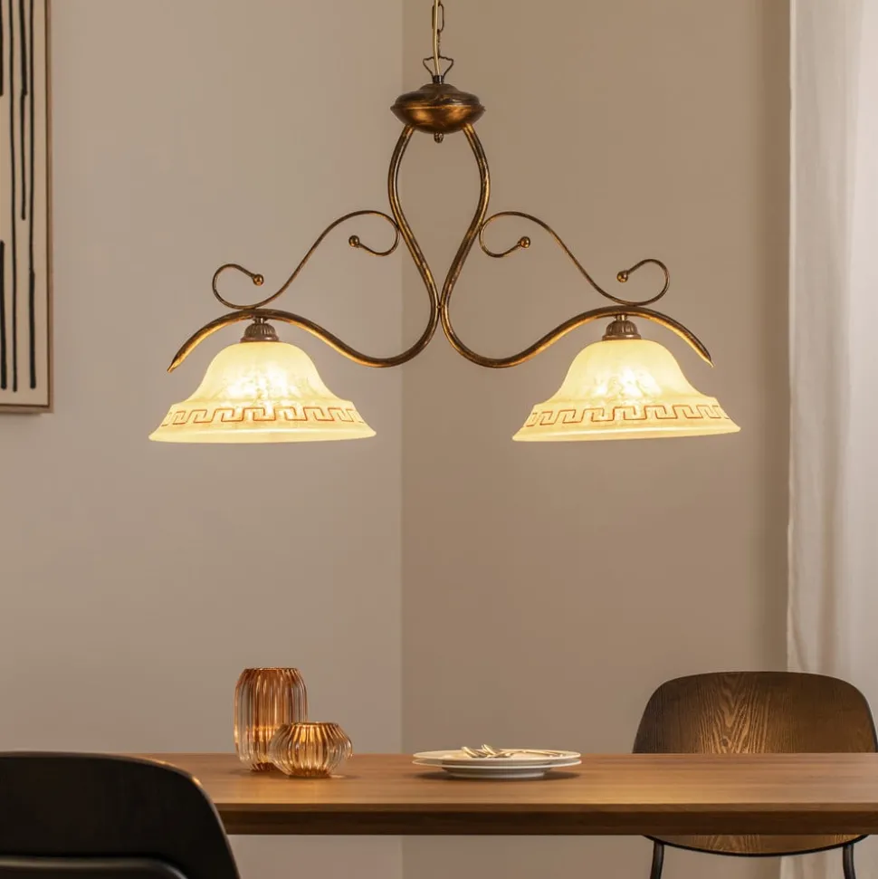 Hængelampe BILIARDO GIORGIO, creme/bronze, glas/jern 2 lyskilder.