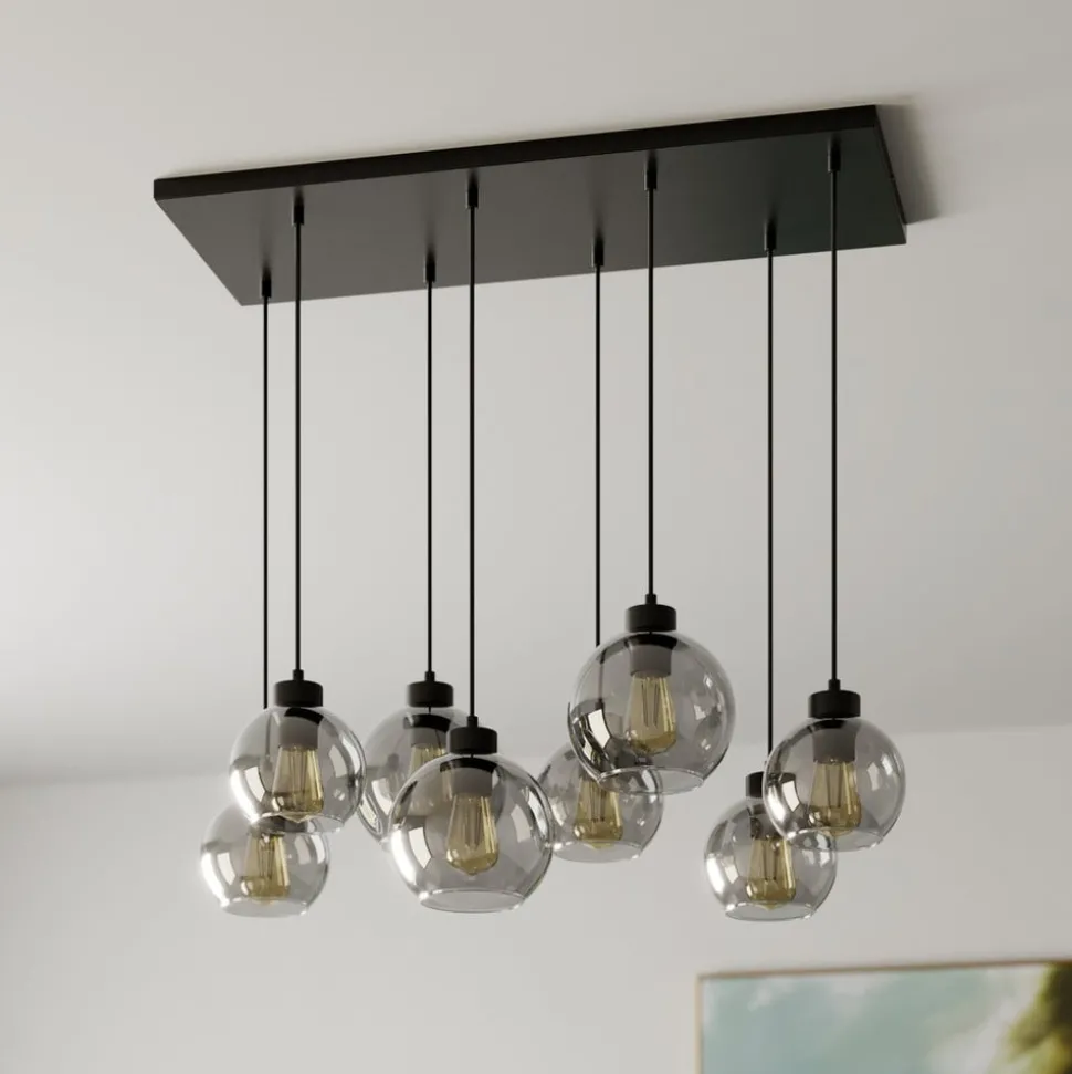 Hængelampe Cubus, 95 cm lang, 8 lyskilder, røggrå, glas