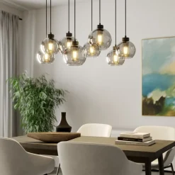 Hængelampe Cubus, 95 cm lang, 8 lyskilder, røggrå, glas