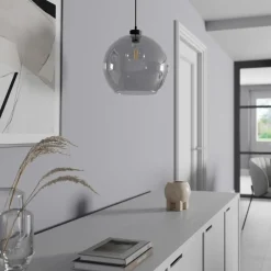 Hængelampe Cubus, røggrå, glas, Ø 30 cm, E27