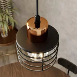 Hængelampe Edison i sort/kobber, 3 lyskilder, rund