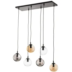 Hængelampe Glassy, 6 lyskilder, grafit/amber/klar, glas, 75 cm