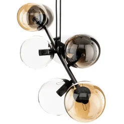 Hængelampe Glassy, 8 lyskilder, sort, grafit/amber/klar