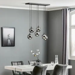 Hængelampe Glassy, 6 lyskilder, sort, grafit, glas, 75 cm