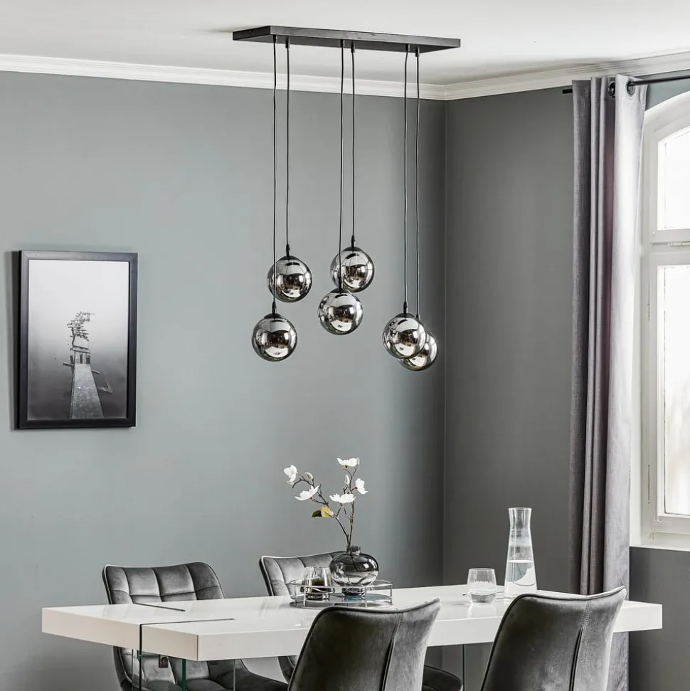 Hængelampe Glassy, 6 lyskilder, sort, grafit, glas, 75 cm