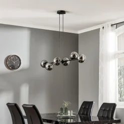 Hængelampe Glassy, 6 lyskilder, sort, grafit, glas, 110 cm