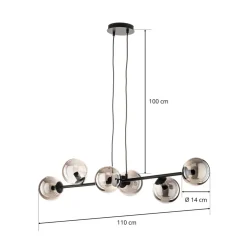 Hængelampe Glassy, 6 lyskilder, sort, grafit, glas, 110 cm