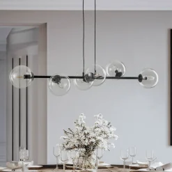 Hængelampe Glassy, 6 lyskilder, sort, klar, glas, 110 cm