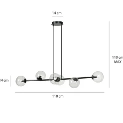 Hængelampe Glassy, 6 lyskilder, sort, klar, glas, 110 cm