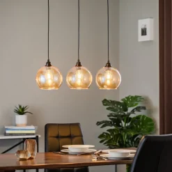 Hængelampe guld 022 3 lyskilder lineært glas Ø20cm