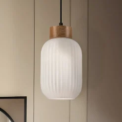 Hængelampe Harmony, Ø 14 cm, hvid/eg, glas/træ