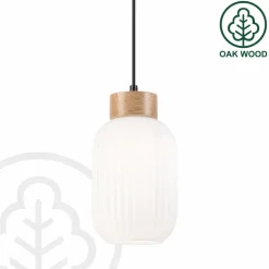 Hængelampe Harmony, Ø 14 cm, hvid/eg, glas/træ
