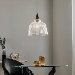 Hængelampe Leana, glas klar, 1 lyskilde, gammel messing