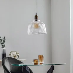 Hængelampe Leana, glas klar, 1 lyskilde, gammel messing