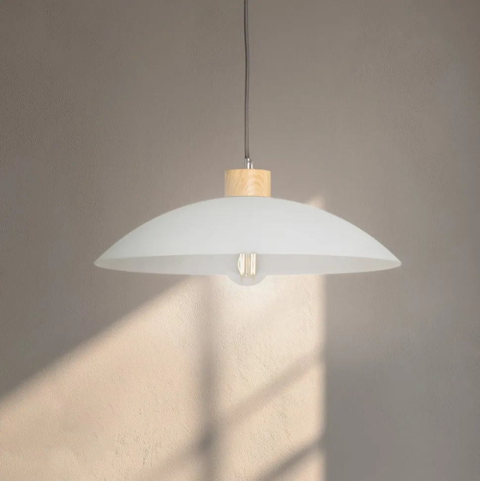 Hængelampe OHANA, opalglas, egetræ, Ø 40 cm, E27