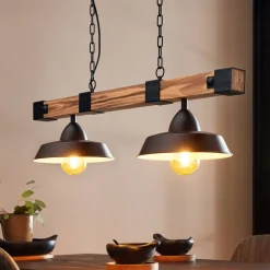 Hængelampe Oldbury, sort/mørkt træ, længde 86 cm, 2 lyskilder.