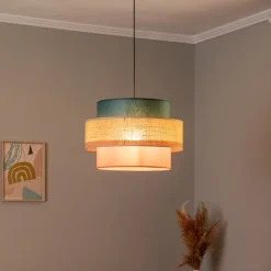 Hængelampe Trio, juteskærm, petrol/naturbrun/orange Ø 50cm