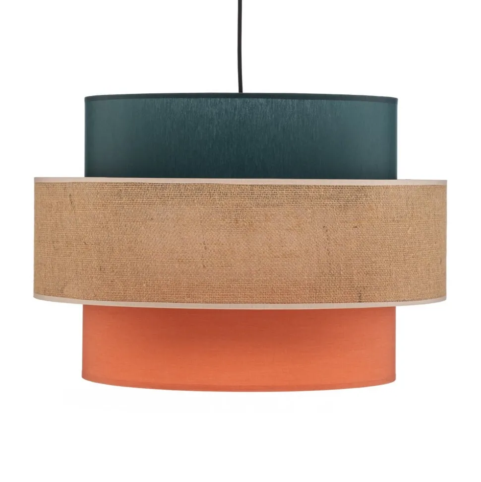 Hængelampe Trio, juteskærm, petrol/naturbrun/orange Ø 50cm
