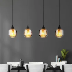 Hængelampe Xia, længde 89 cm, røggrå, 4 lyskilder, glas