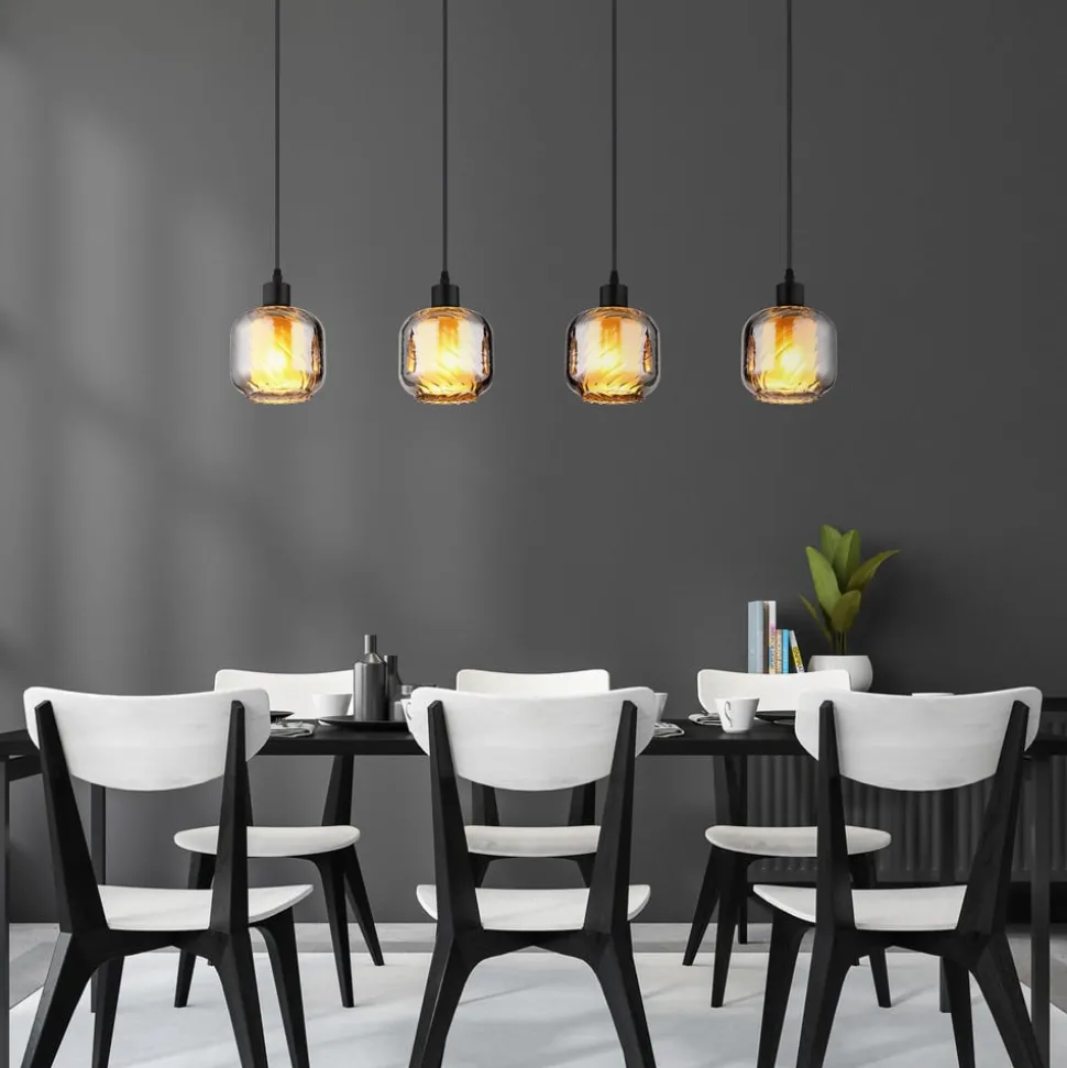Hængelampe Xia, længde 89 cm, røggrå, 4 lyskilder, glas