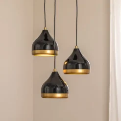 Hængelampe Yildo, 3 lyskilder, sort/guld, rund, Ø37 cm